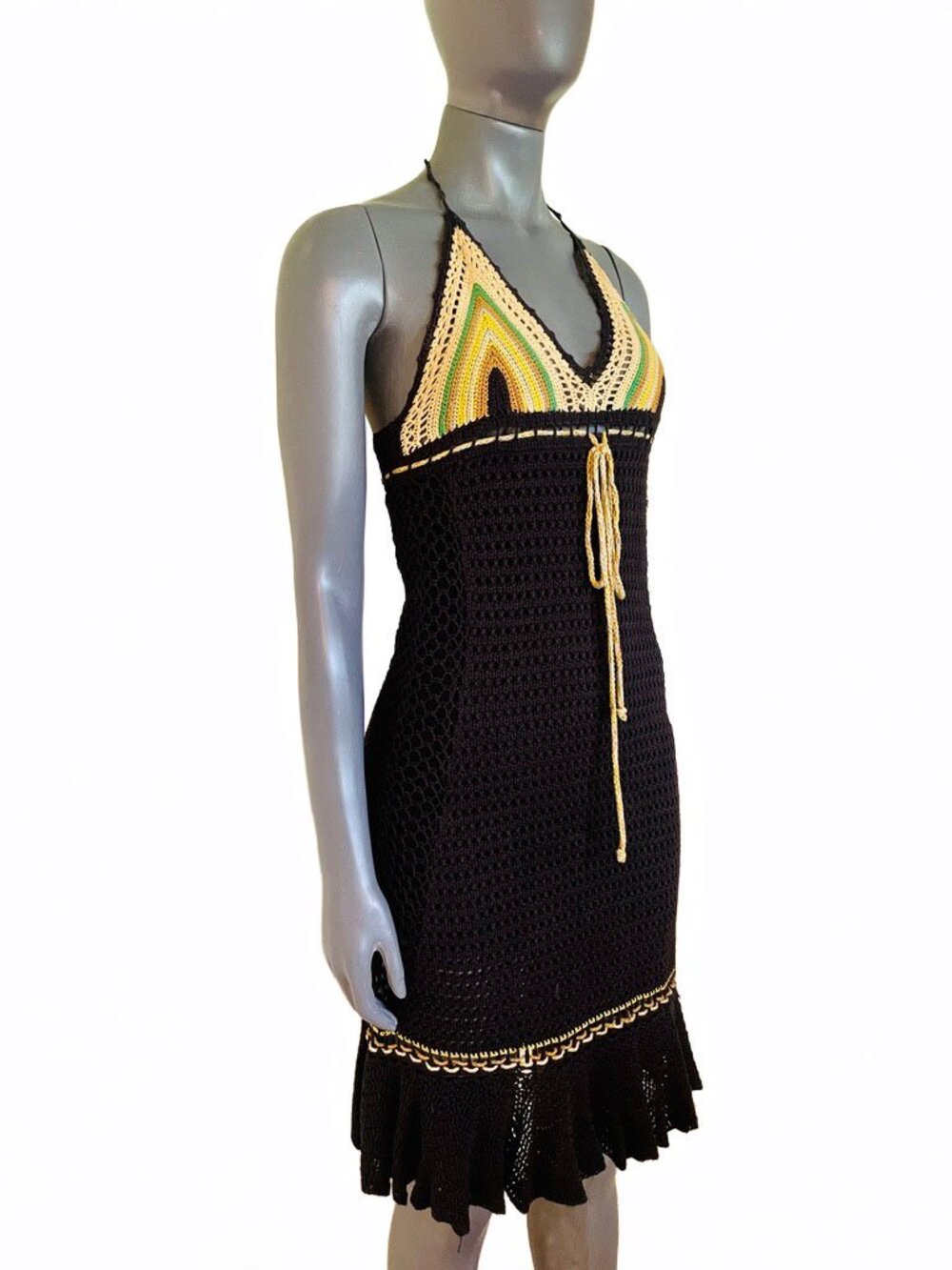 Free People Black Bohemian Wave Crochet Halter Lined Dress